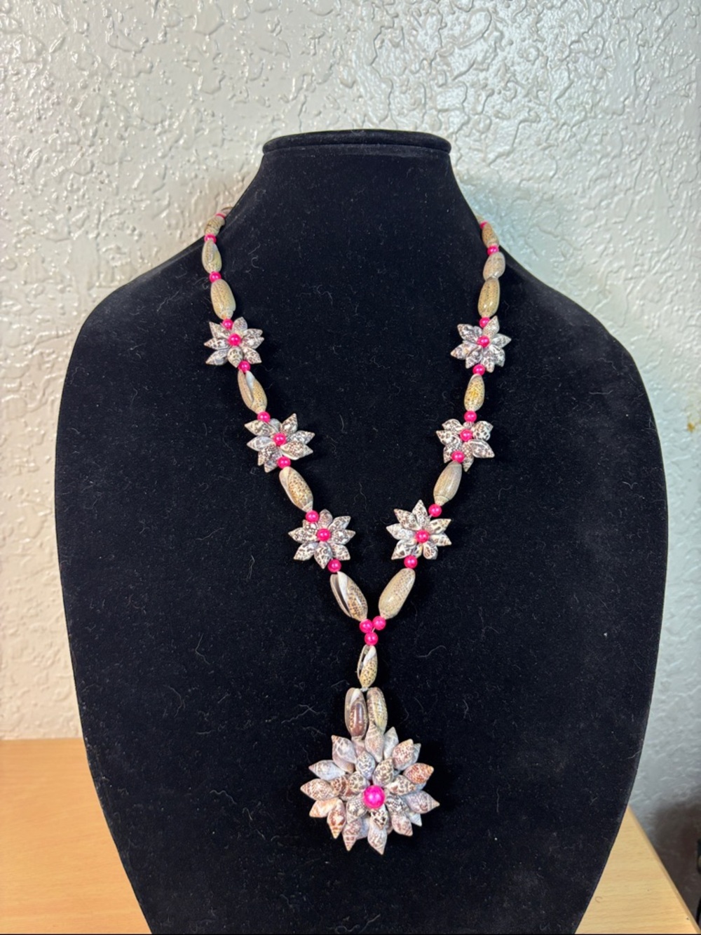 Floral design sea shell Pink beads  over the head necklace